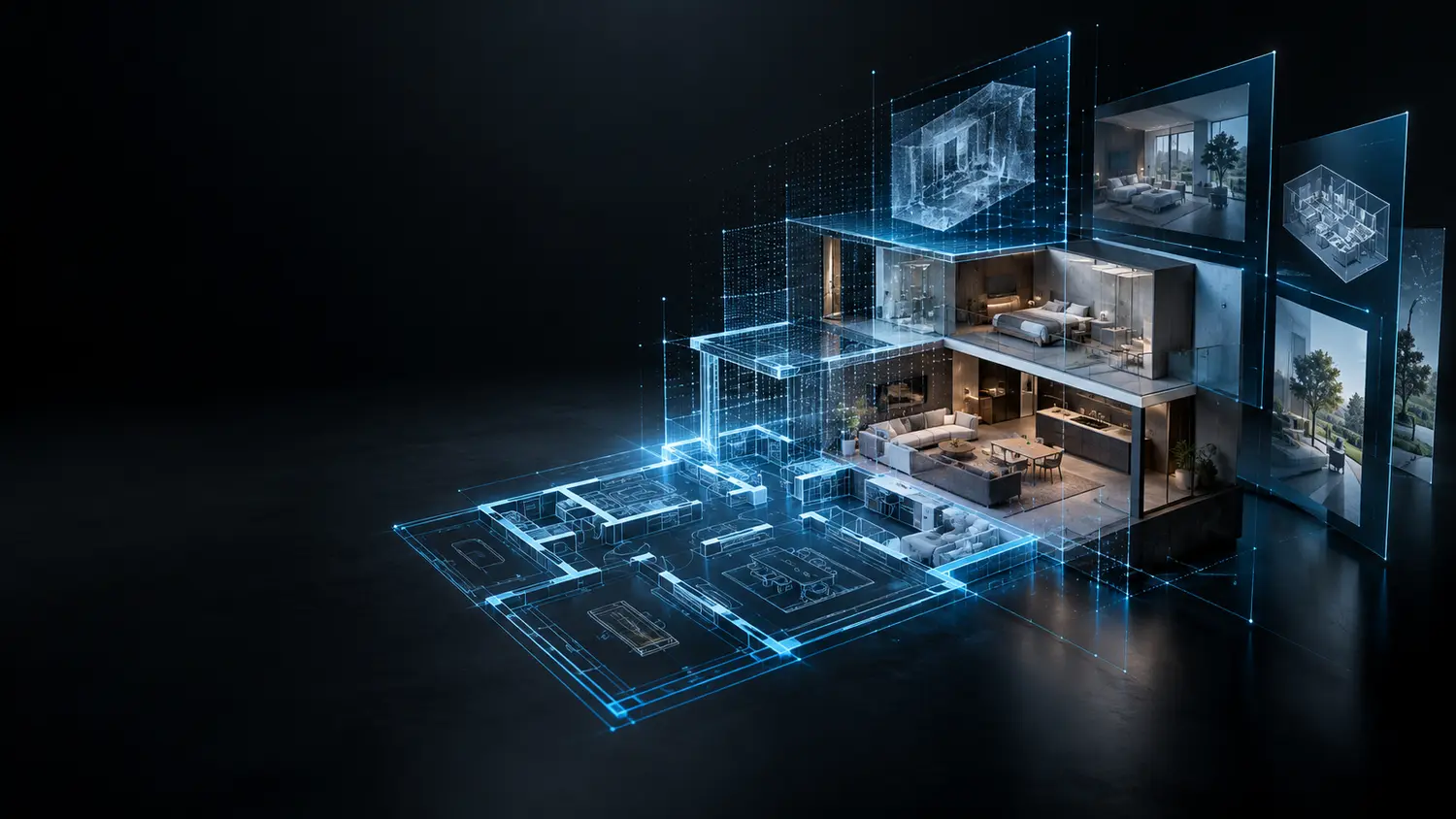 Digitální půdorys přecházející do 3D modelu interiéru